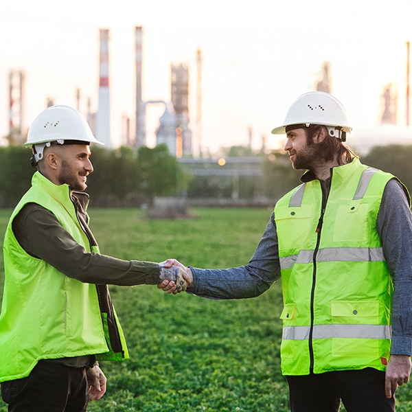 Two Young Engineers Standing Outdoors By Oil Refinery Shaking Hands